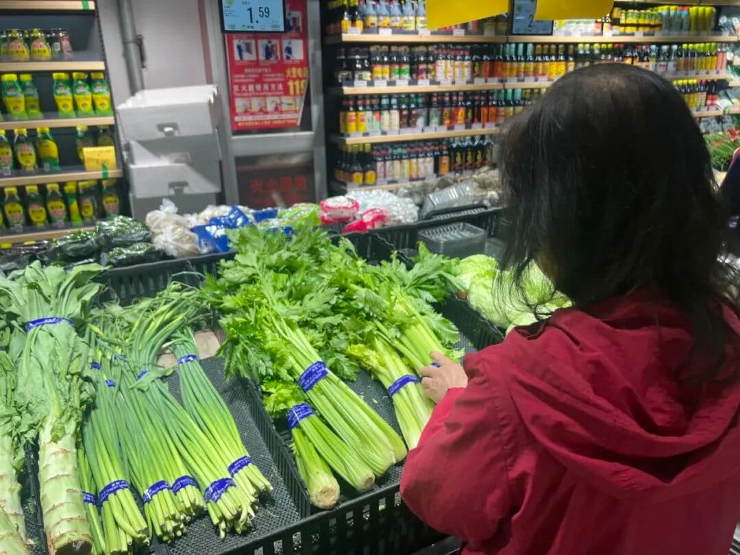 家政工素英在市场挑选蔬菜